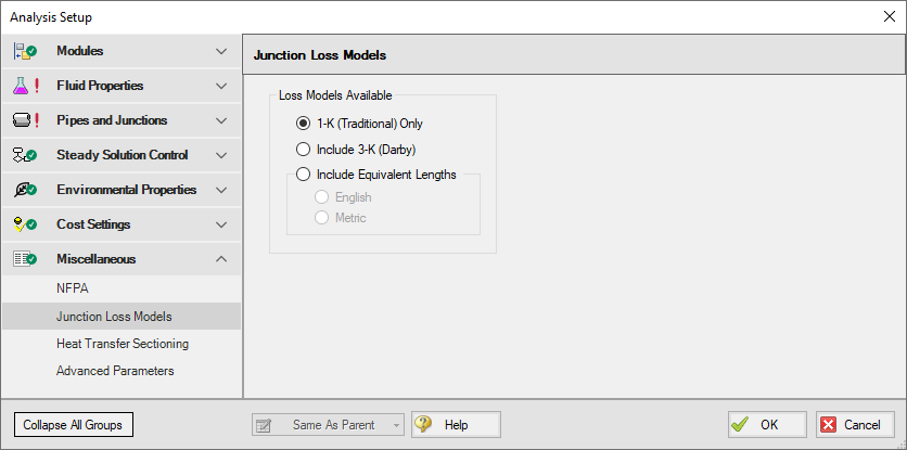 The default state of the Junction Loss Models panel in Analysis Setup.